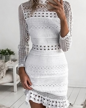  Trendy Round Neck Hollow-out White Lace Sheath Mini Dress