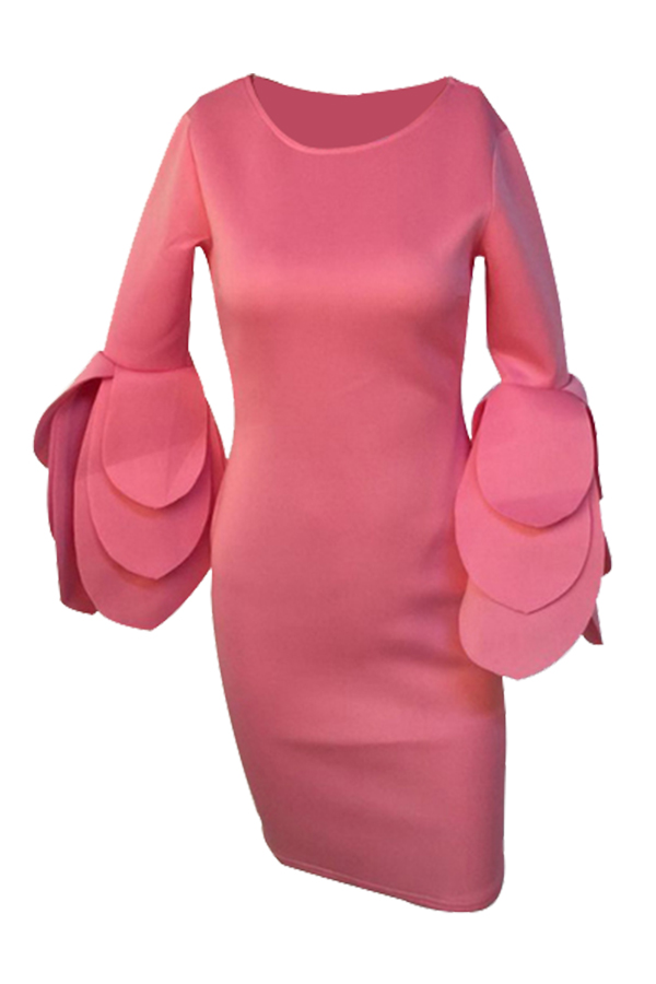  Trendy Round Neck Horn Sleeves Pink Cotton Blend Sheath Knee Length Dress