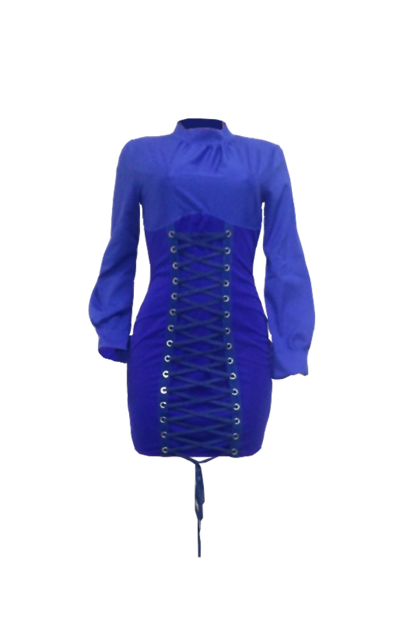  Trendy Round Neck Lace-up Blue Polyester Sheath Mini Dress