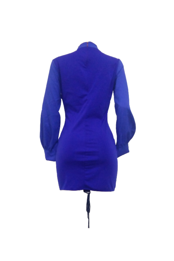  Trendy Round Neck Lace-up Blue Polyester Sheath Mini Dress