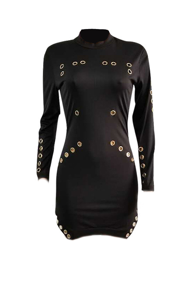  Trendy Round Neck Long Sleeves Hollow-out Black Healthy Fabric Sheath Mini Dress