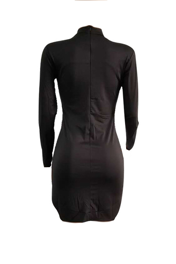  Trendy Round Neck Long Sleeves Hollow-out Black Healthy Fabric Sheath Mini Dress