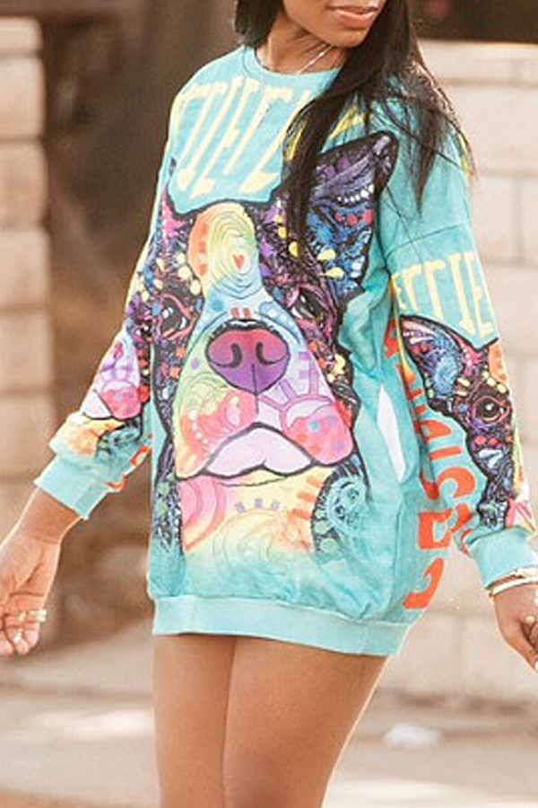  Trendy Round Neck Printed Polyester Mini Dress  