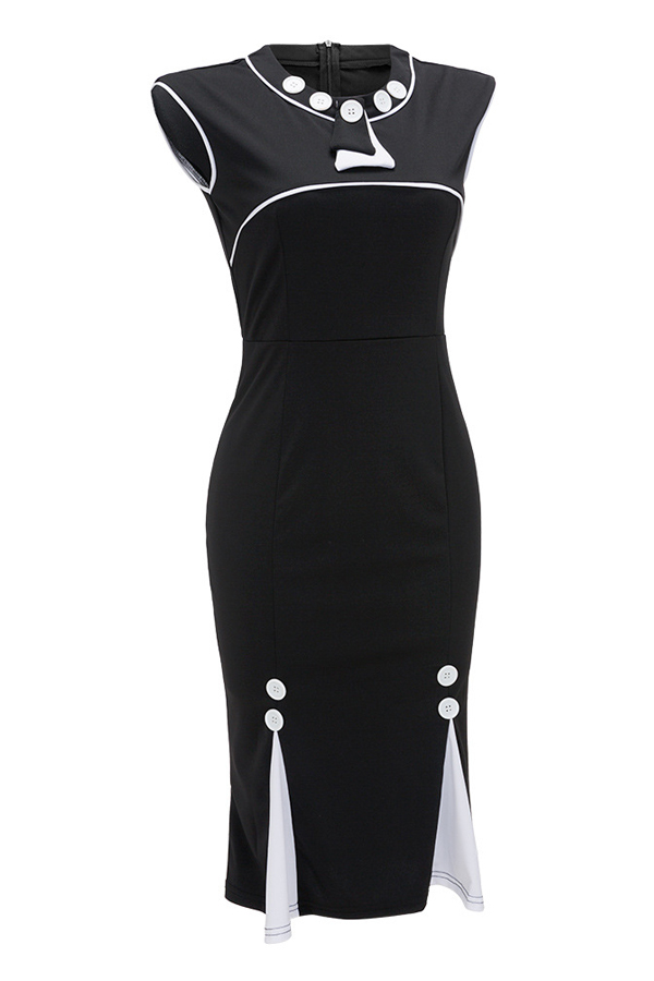  Trendy Round Neck Zipper Design Black Healthy Fabric Sheath Knee Length Dress