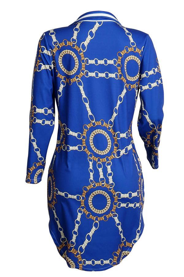  Trendy Turndown Collar Printed Blue Healthy Fabric Mini Dress(Without Belt)