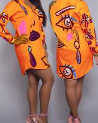  Trendy Turndown Collar Printed Orange Polyester Knee Length Dress