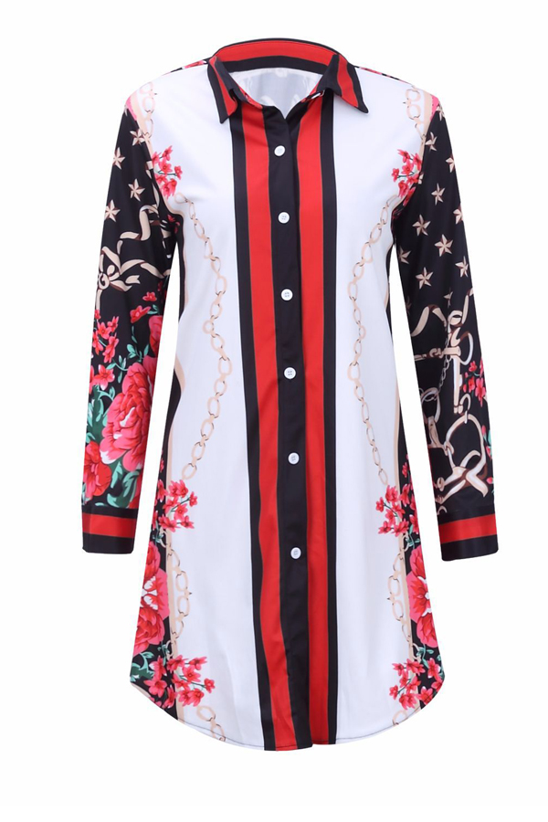  Trendy Turndown Collar Printed Patchwork Polyester Sheath Mini Dress