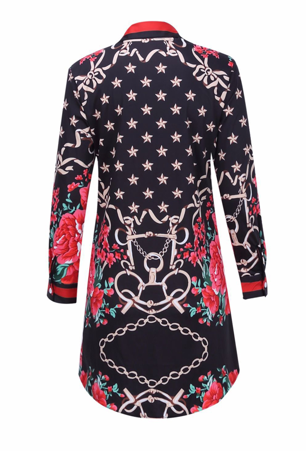  Trendy Turndown Collar Printed Patchwork Polyester Sheath Mini Dress