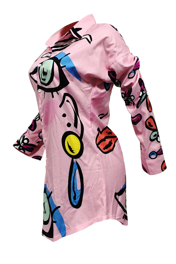  Trendy Turndown Collar Printed Pink Polyester Knee Length Dress