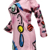  Trendy Turndown Collar Printed Pink Polyester Knee Length Dress