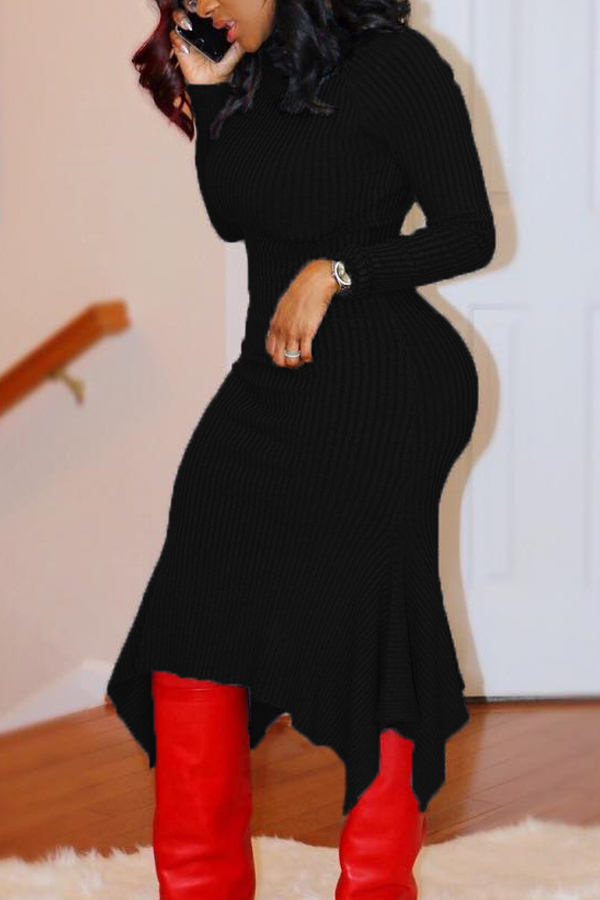  Trendy Turtleneck Asymmetrical Black Cotton Sheath Mid Calf Dress