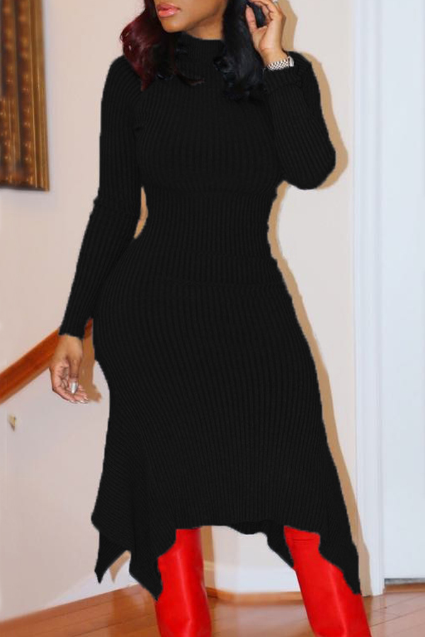  Trendy Turtleneck Asymmetrical Black Cotton Sheath Mid Calf Dress