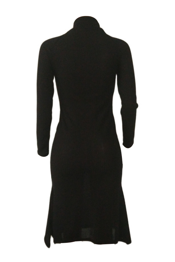  Trendy Turtleneck Asymmetrical Black Cotton Sheath Mid Calf Dress