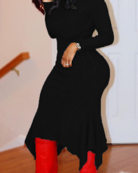  Trendy Turtleneck Asymmetrical Black Cotton Sheath Mid Calf Dress