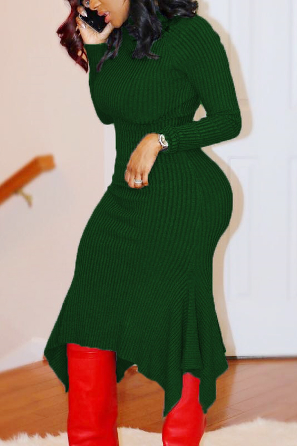  Trendy Turtleneck Asymmetrical Green Cotton Sheath Mid Calf Dress