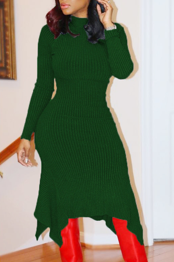  Trendy Turtleneck Asymmetrical Green Cotton Sheath Mid Calf Dress