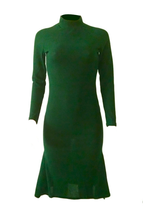  Trendy Turtleneck Asymmetrical Green Cotton Sheath Mid Calf Dress