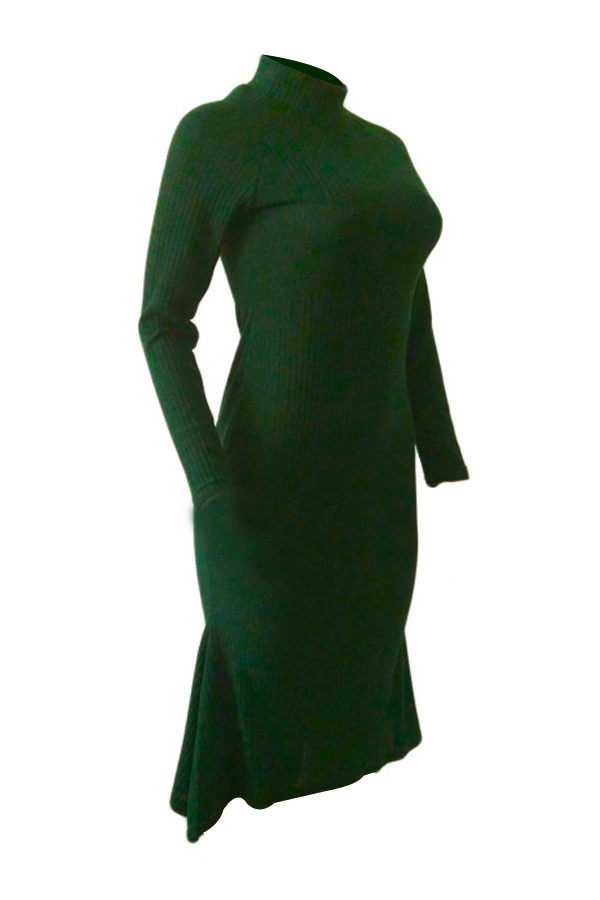  Trendy Turtleneck Asymmetrical Green Cotton Sheath Mid Calf Dress