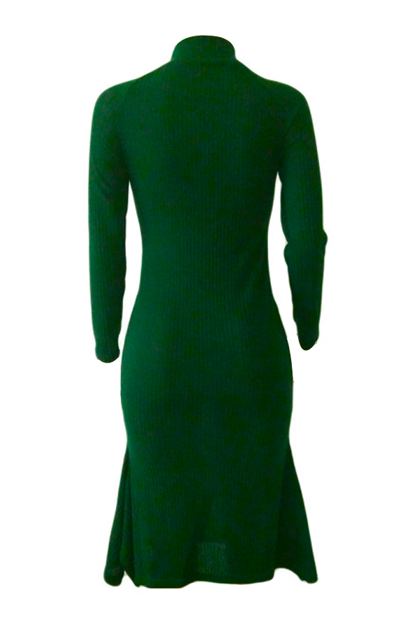  Trendy Turtleneck Asymmetrical Green Cotton Sheath Mid Calf Dress