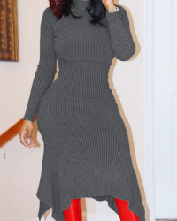  Trendy Turtleneck Asymmetrical Grey Cotton Sheath Mid Calf Dress