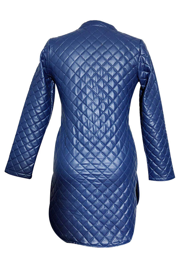  Trendy Turtleneck Long Sleeves Zipper Design Blue Leather Mini Dress