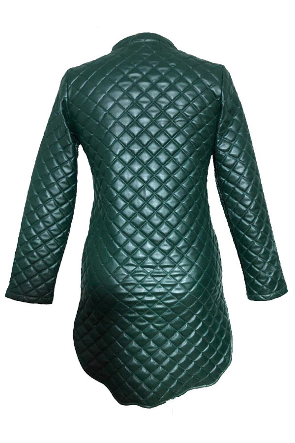  Trendy Turtleneck Long Sleeves Zipper Design Green Leather Mini Dress