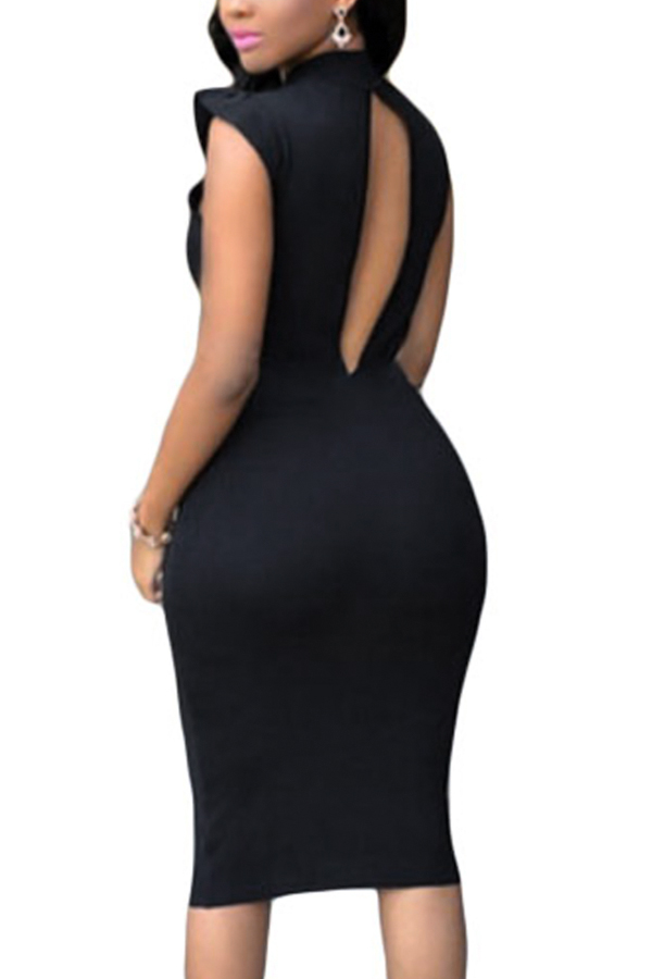  Trendy Turtleneck Tank Sleeveless Falbala Design Black Polyester Sheath Knee Length Dress