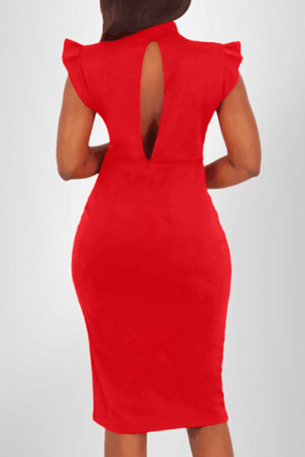  Trendy Turtleneck Tank Sleeveless Falbala Design Red Polyester Sheath Knee Length Dress