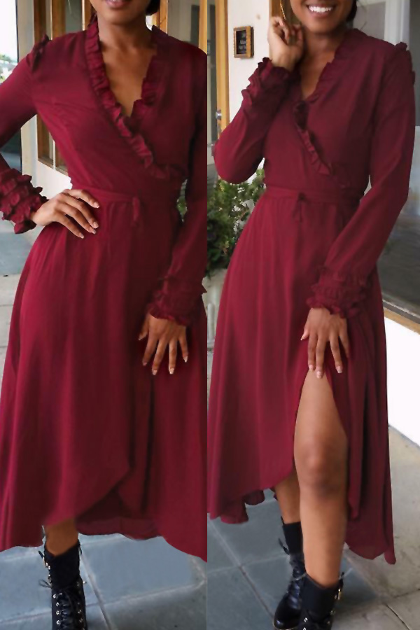  Trendy V Neck Falbala Design Wine Red Polyester Mid Calf Dress