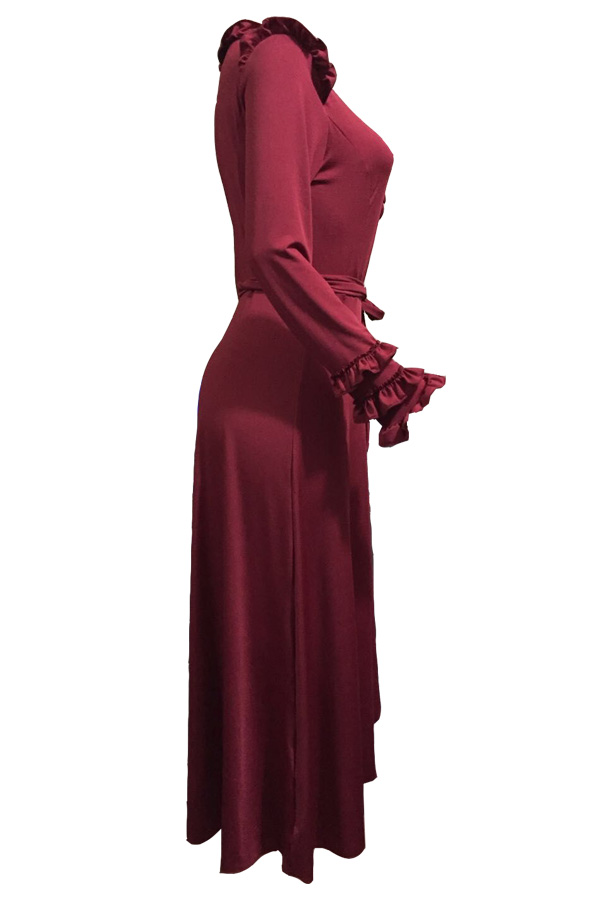  Trendy V Neck Falbala Design Wine Red Polyester Mid Calf Dress