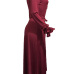  Trendy V Neck Falbala Design Wine Red Polyester Mid Calf Dress