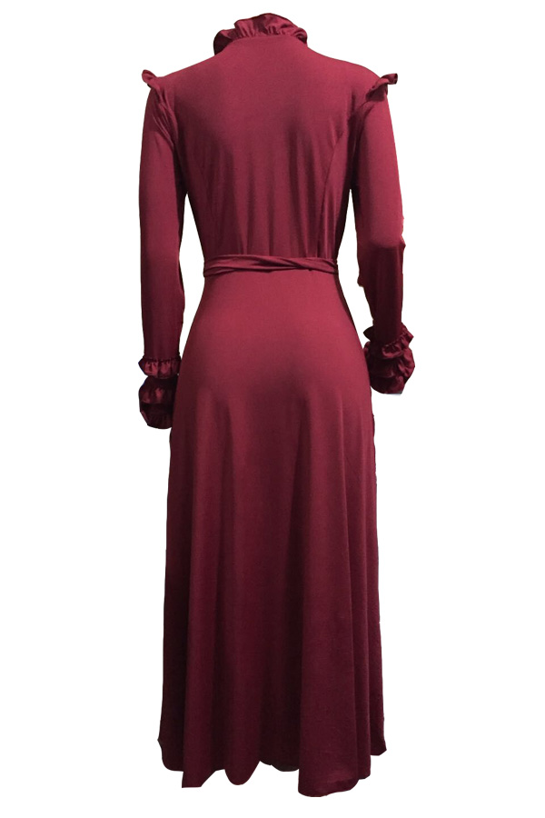  Trendy V Neck Falbala Design Wine Red Polyester Mid Calf Dress