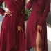  Trendy V Neck Falbala Design Wine Red Polyester Mid Calf Dress