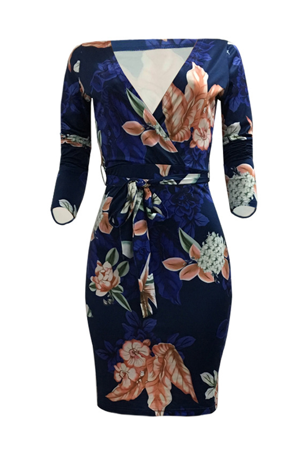  Trendy V Neck Floral Print  Polyester Sheath Knee Length Dress