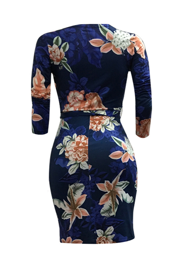  Trendy V Neck Floral Print  Polyester Sheath Knee Length Dress