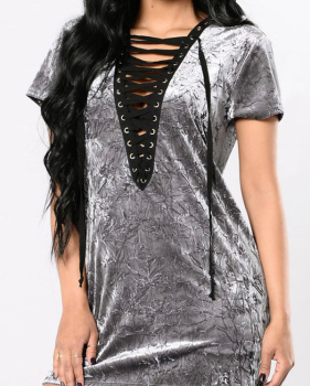  Trendy V Neck Lace-up Hollow-out Grey Velvet Sheath Mini Dress