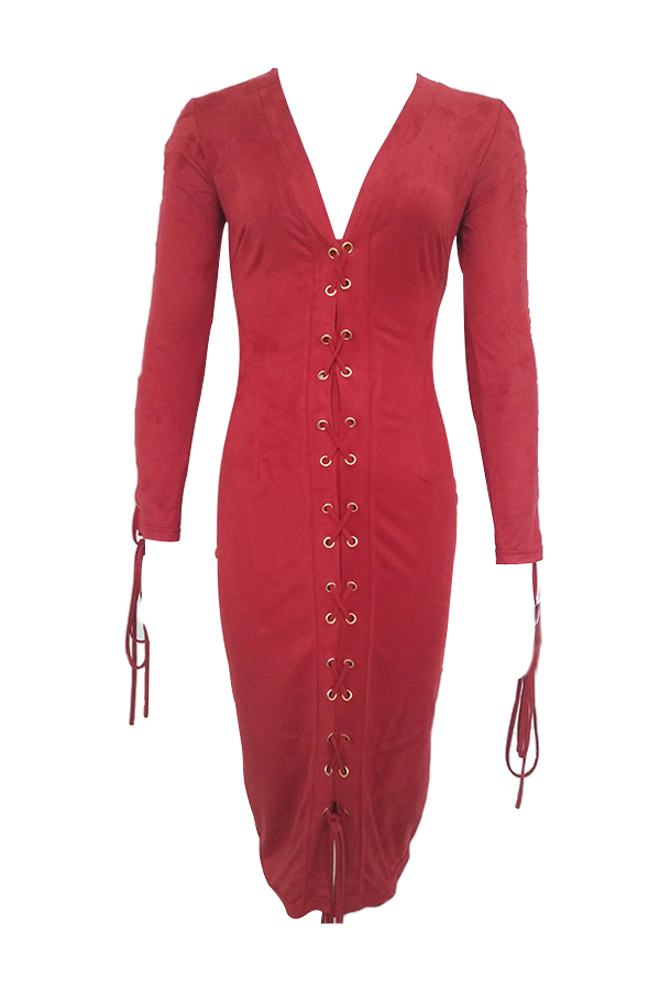  Trendy V Neck Lace-up Hollow-out Red Suede Sheath Knee Length Dress