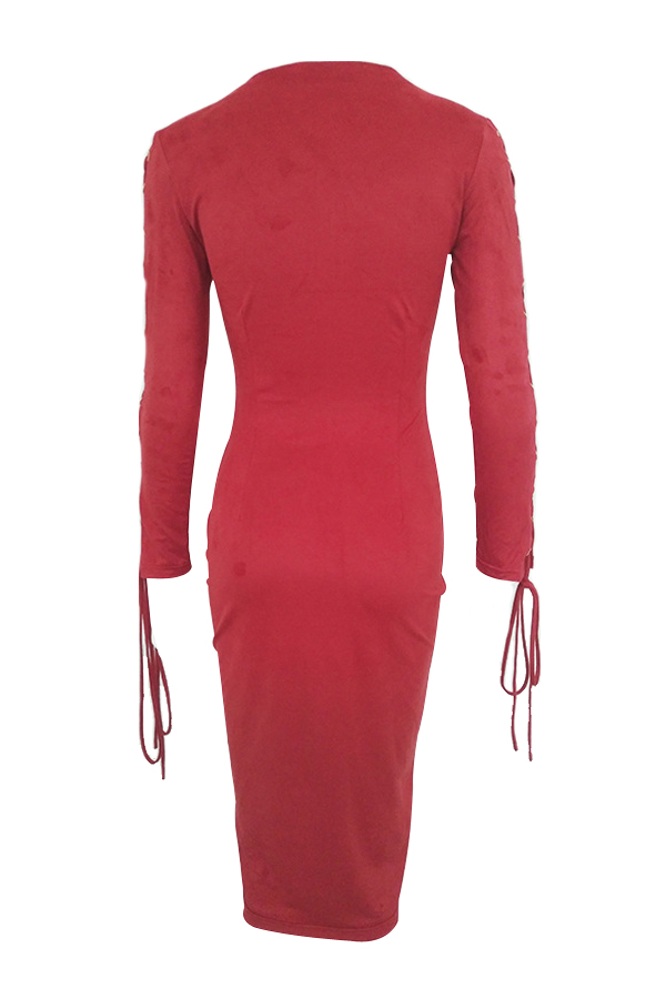  Trendy V Neck Lace-up Hollow-out Red Suede Sheath Knee Length Dress