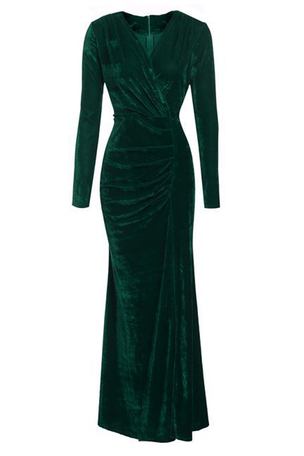  Trendy V Neck Velvet Fold Design Green Velvet Mermaid Ankle Length Dress