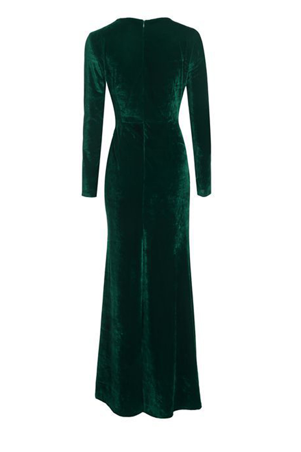  Trendy V Neck Velvet Fold Design Green Velvet Mermaid Ankle Length Dress