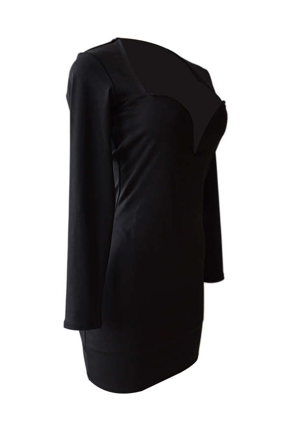  Trendy V Neck Zipper Design Black Polyester Sheath Mini Dress