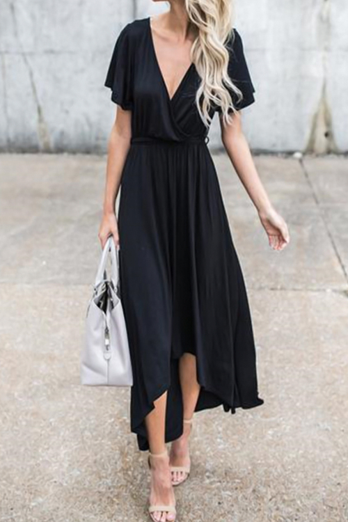  V Neck Black Irregular Maxi Dress