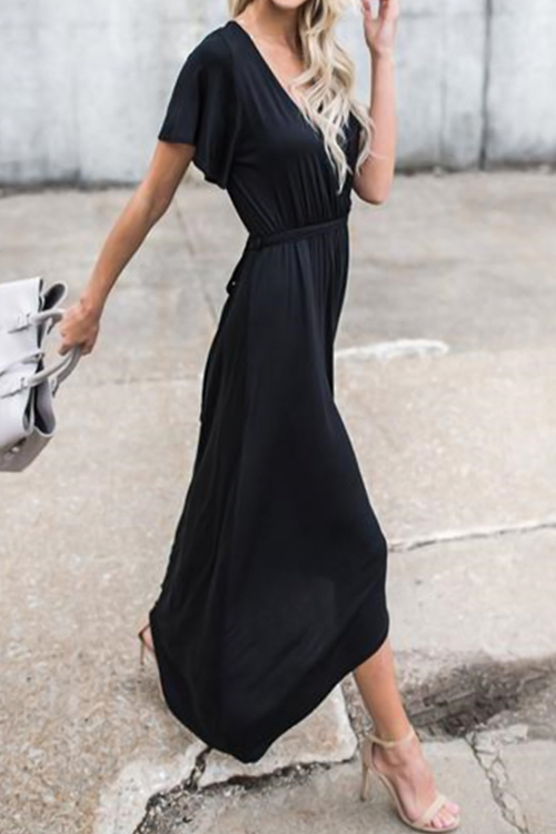  V Neck Black Irregular Maxi Dress