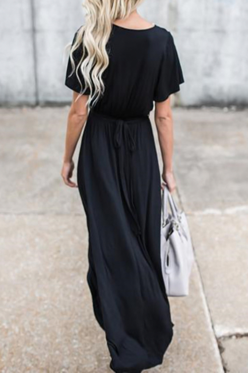  V Neck Black Irregular Maxi Dress