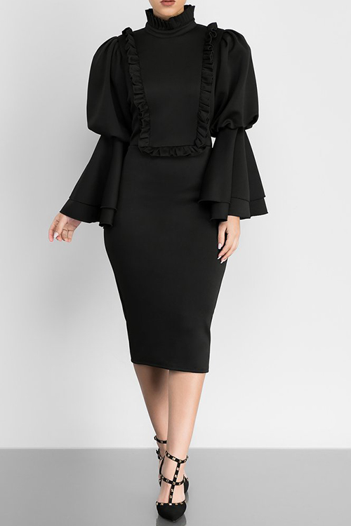  Vintage Mandarin Collar Trumpet Sleeves Ruffle Design Black Polyester Knee Length Dress