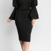  Vintage Mandarin Collar Trumpet Sleeves Ruffle Design Black Polyester Knee Length Dress