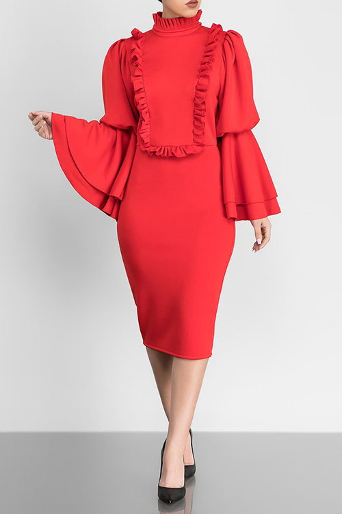  Vintage Mandarin Collar Trumpet Sleeves Ruffle Design Red Polyester Knee Length Dress