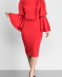  Vintage Mandarin Collar Trumpet Sleeves Ruffle Design Red Polyester Knee Length Dress