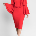  Vintage Mandarin Collar Trumpet Sleeves Ruffle Design Red Polyester Knee Length Dress