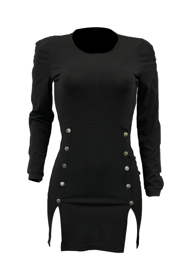  Vintage Round Neck Button Decorative Hollow-out Black Polyester Mini Dress